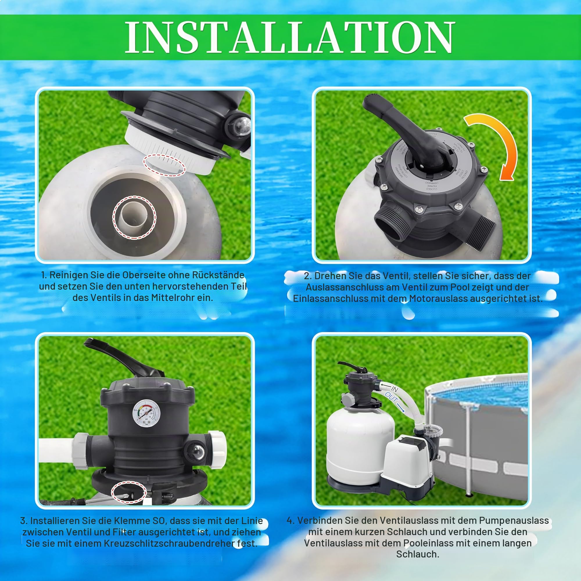11378 6-Wege-Ventil Ersatz für Intex 12 Zoll Sandfilterpumpe | Kompatibel mit QX2100 Sandfilterpumpe 26645EG, einteiliger Griff, 6 Funktionen, mit O-Ring & Manometer, Rohr kleine Bohrung