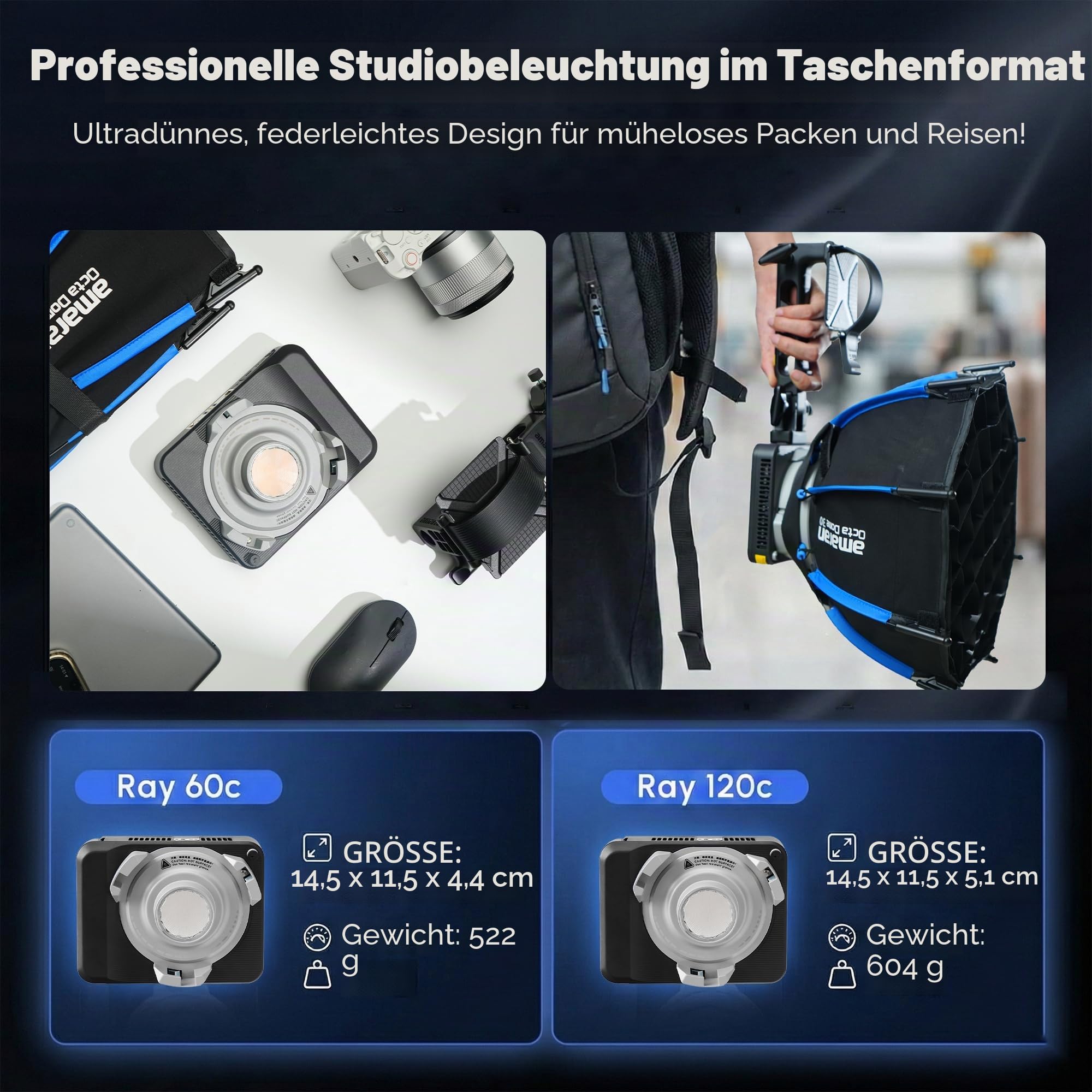 Amaran Ray 120c Vollfarb-COB-LED-Videoleuchte, 120 W, ultrakompaktes Reiselicht mit Octa Dome 30 Softbox, USB-C PD Power, IP54, OmniColor Engine, 2300K-10.000K, App/NFC Steuerung, Bowens-Mount