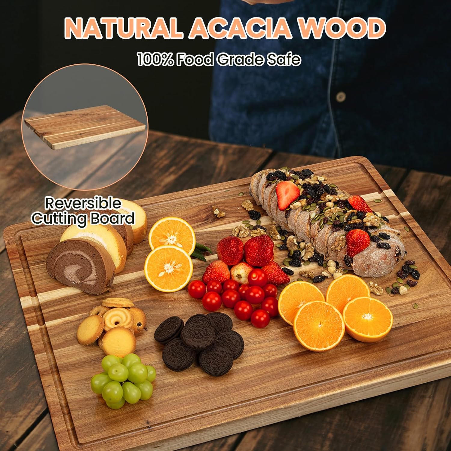 24 x 18 in Acacia Cutting Board for Kitchen with XXL Extra Large Charcuterie Cheese Platter Serving Tray, Extra Large Butcher Block, Reversible Chopping Board with Juice Groove
