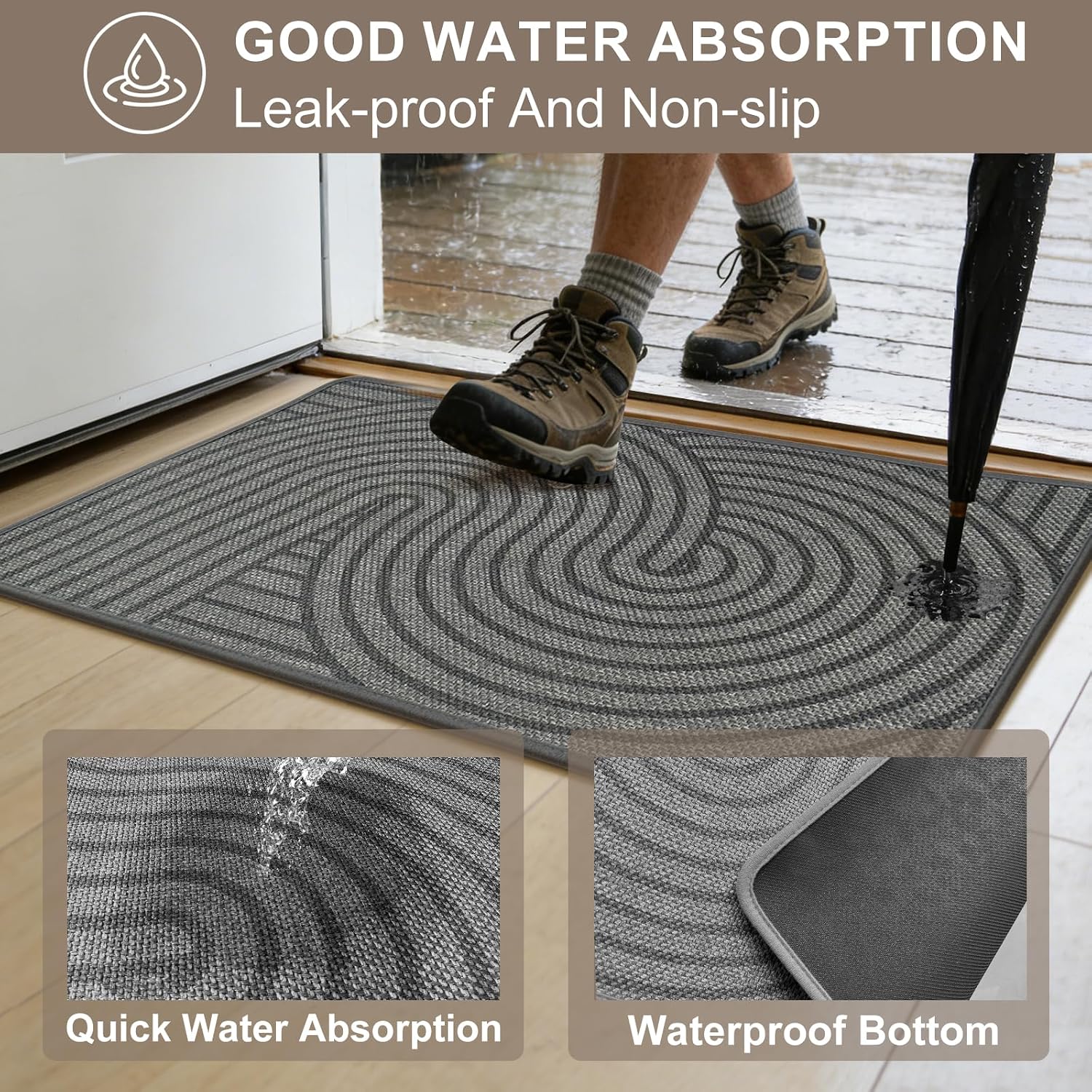 HDFK Geometric Front Door Mat Grey 35x24inches, Absorbent Non-Slip Low-Profile, Washable Easy Clean Welcome Indoor Outdoor Entrance Rug