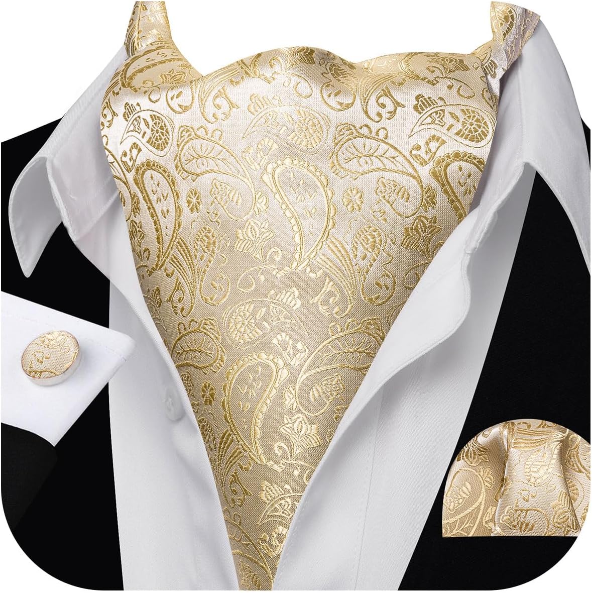 Barry.Wang Ascot Ties Cravat Tie Men Paisley Plaid Scarf Self Tie Pocket Square Cufflinks Set Wedding Party