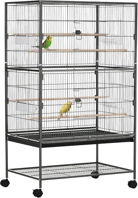 PawHut Large Bird Cage Budgie Cage for Finch Canaries Parakeet with Rolling Stand, Slide-out Tray, Storage Shelf, Food Containers, Dark Grey