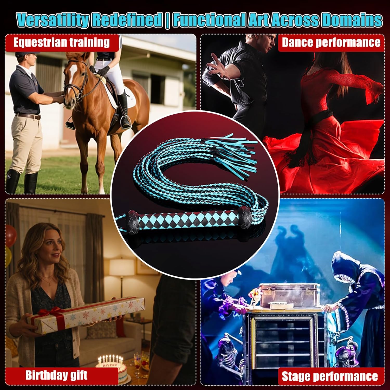 Handcrafted Genuine Leather Horse Whip, 36-Strand to 9-Tail Braided Equestrian Crop, Professional Cowhide Riding Whip with Willow-Leaf Tips & Non-Slip Handle Leather Whip