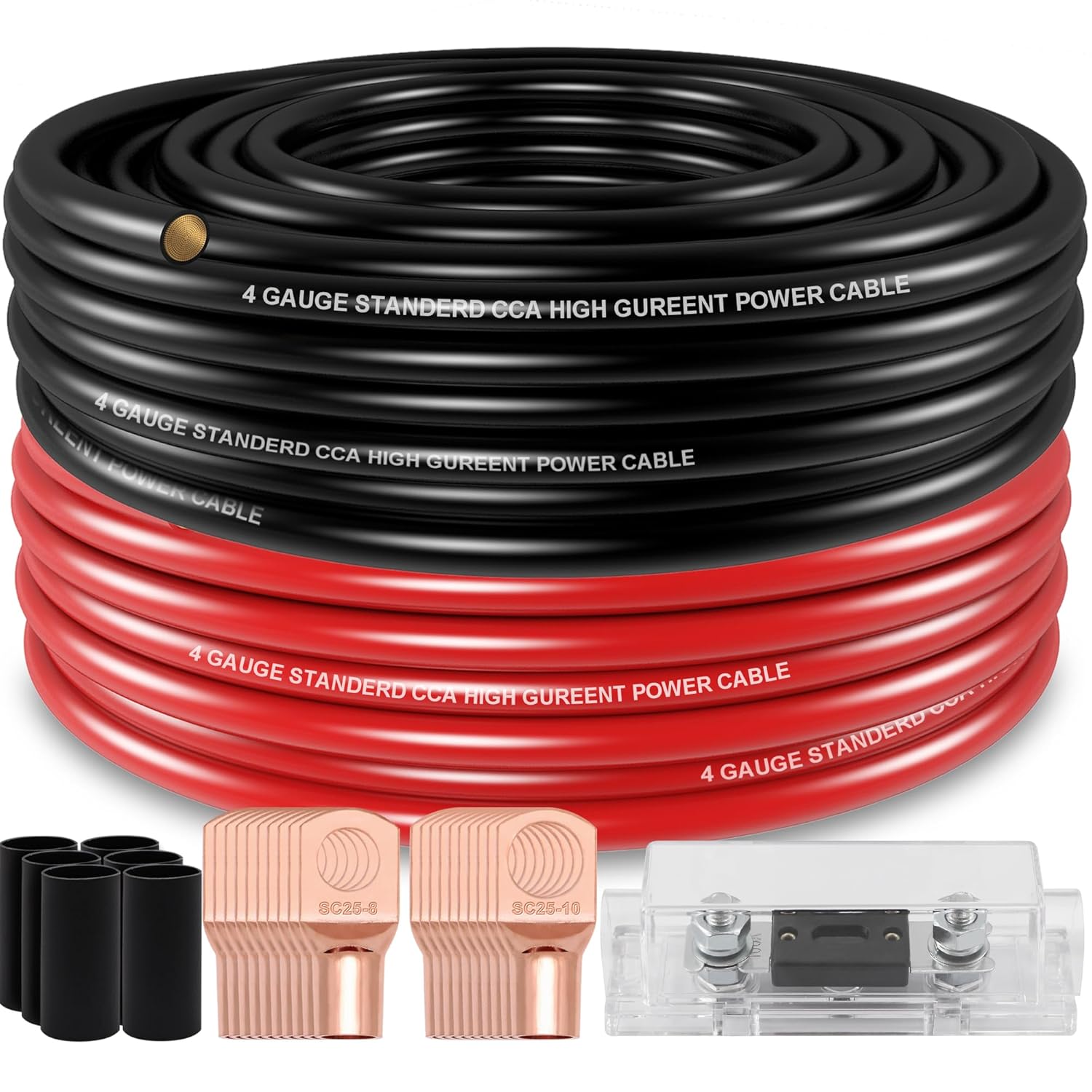50FT 4 Gauge Wire (25ft Each- Black/Red) Copper Clad Aluminum CAA,with 4ga Lugs,100A ANL Fuse Holder and Heat Shrink Tube, Car Amplifier Power & Ground Cable