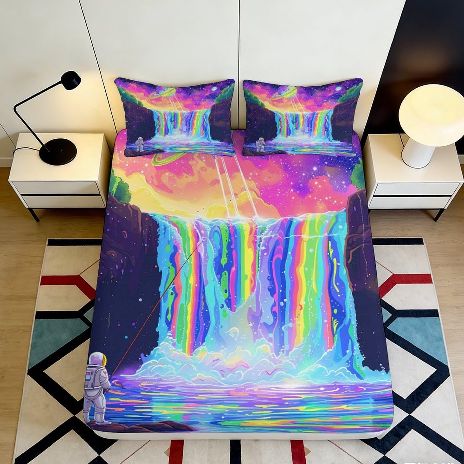 3D Printed Rainbow Waterfall Fitted Sheet Microfiber Vibrant Colorful Bed Cover for Bedroom Guest Room Decor Easy Care 90x200x25cm