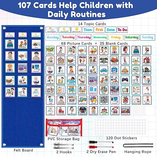 Miniatura 2 de Horario visual para niños con autismo, 107 tarjetas de doble cara para niños pequeños, tabla de tareas de rutina con imágenes para el