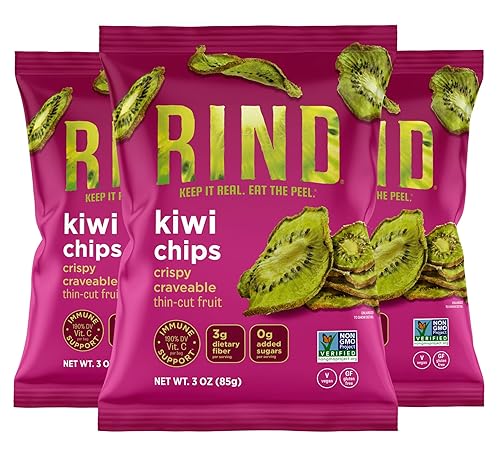 RIND Snacks Chips de kiwi sin azúcar paleo piel sobre chips de frutas secas alta fibra 30 onzas paquete de 3