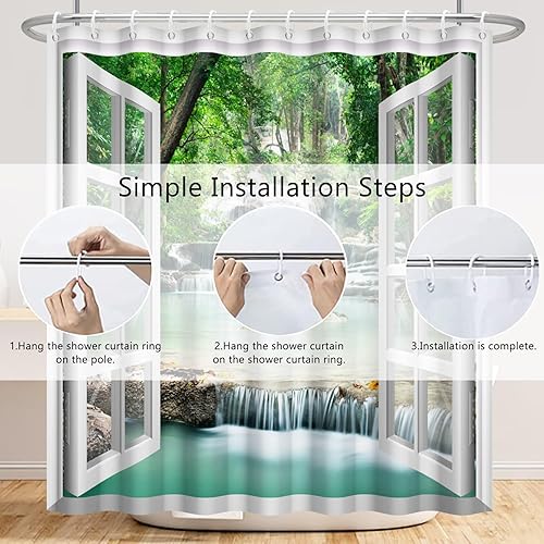 Miniatura 5 de Renaiss Cortina de ducha de cascada de bosque de 72 x 72 pulgadas, diseño de bosque verde, agua, lago, selva tropical, selva, blanco, ventana de