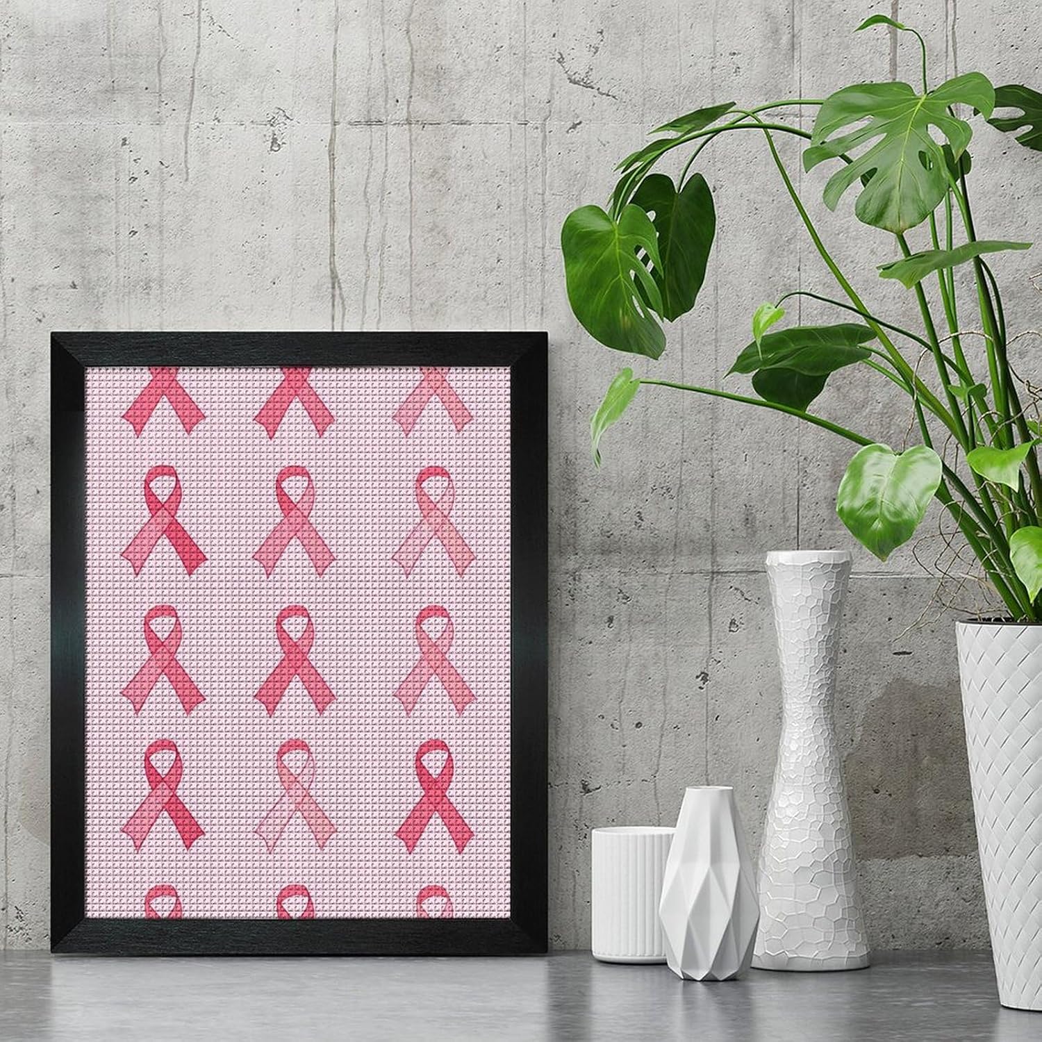 Breast Cancer Ribbon Diamond 5D Painting Kits with Frame DIY Full Round Drill Gem Art Crafts for Home Wall Decor 16 X 20in Blackwood 40 * 50cm