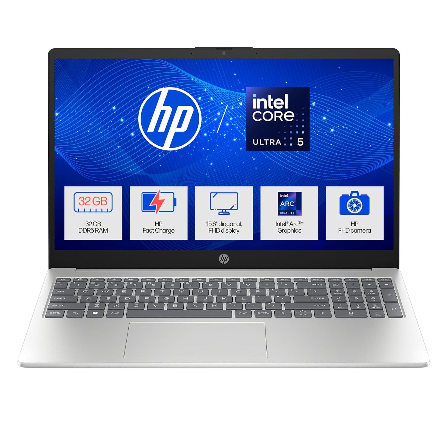 HP 15, Intel Ultra 5 125H, 12 Tops (32GB DDR5, 1TB SSD) FHD, IPS, 15.6”/39.6cm, Win11, M365 Basic(1yr)*Office24, Silver, 1.65kg, fd1279TU, Intel Arc Graphics, FHD Camera, Backlit, AI Powered Laptop