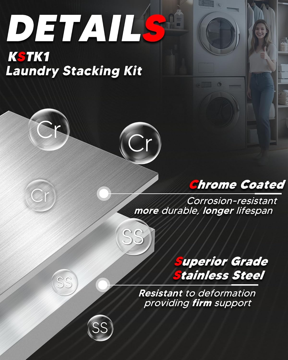 KSTK1 27-inch Washer Dryer Stacking Kit Replacement for LG Laundry Washer and Dryer - Solid Metal with Chrome Coated