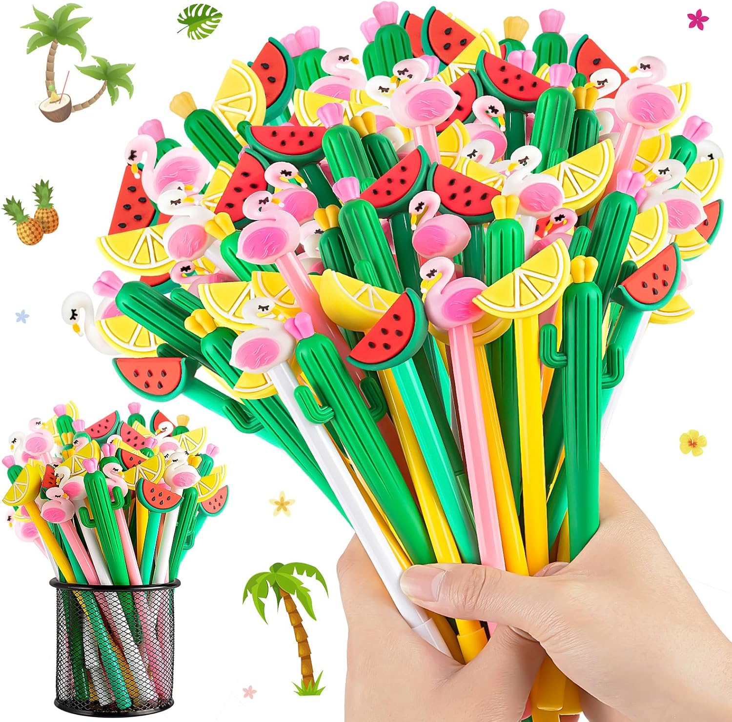 120Pcs Hawaiian Luau Ballpoint Pens, 0.5 mm Black Gel Ink Pen, Cute Flamingo Watermelon Cactus Lemon Fruit Pen for Kids Student and School Office Supplies