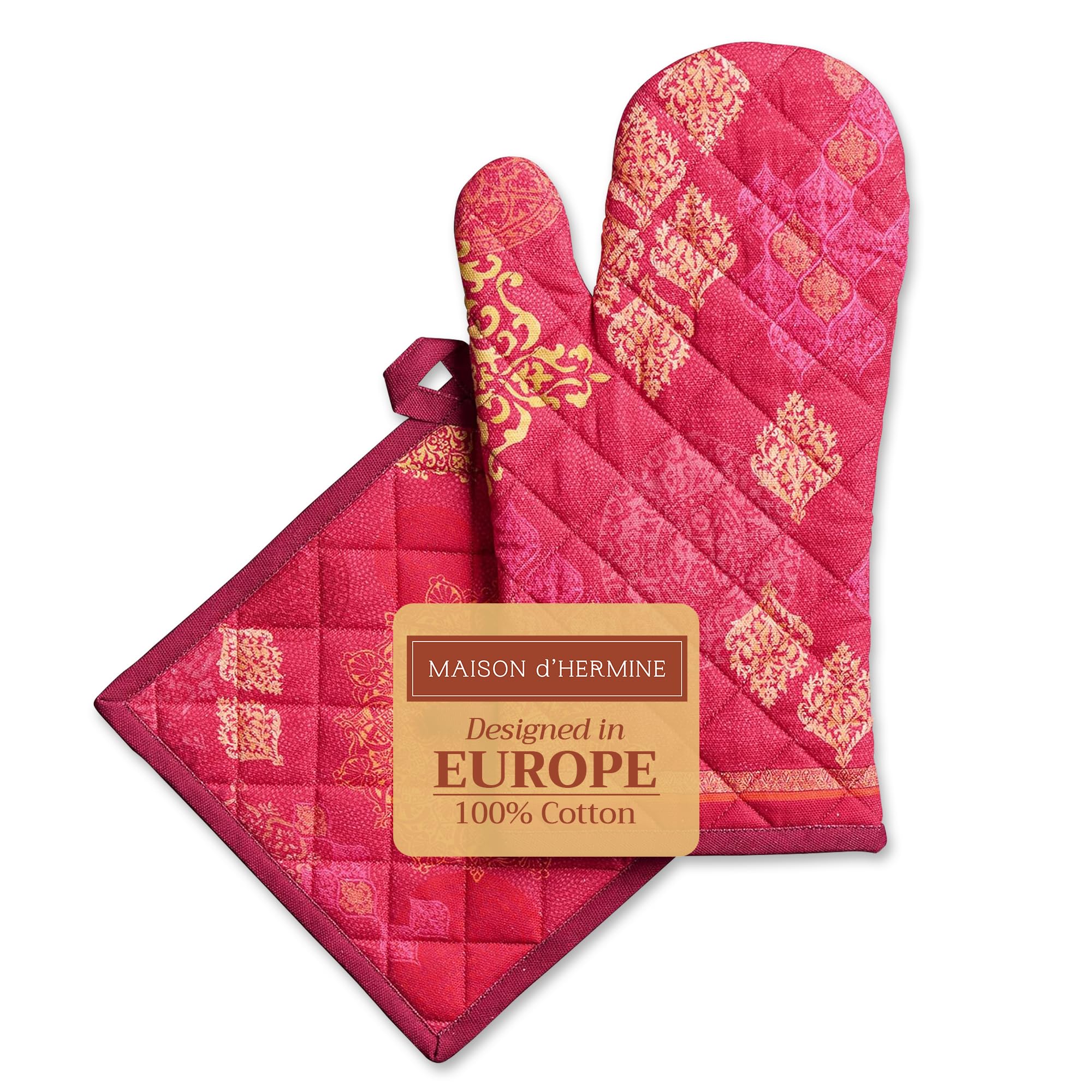 Maison d' Hermine 100% Cotton Oven Mitt & Pot Holder Set (19 x 33 cm & 20 x 20 cm) Heat Resistant BBQ Cooking Gloves with Loop for Christmas Decorations Baking Handling Hot Pans (Versailles)
