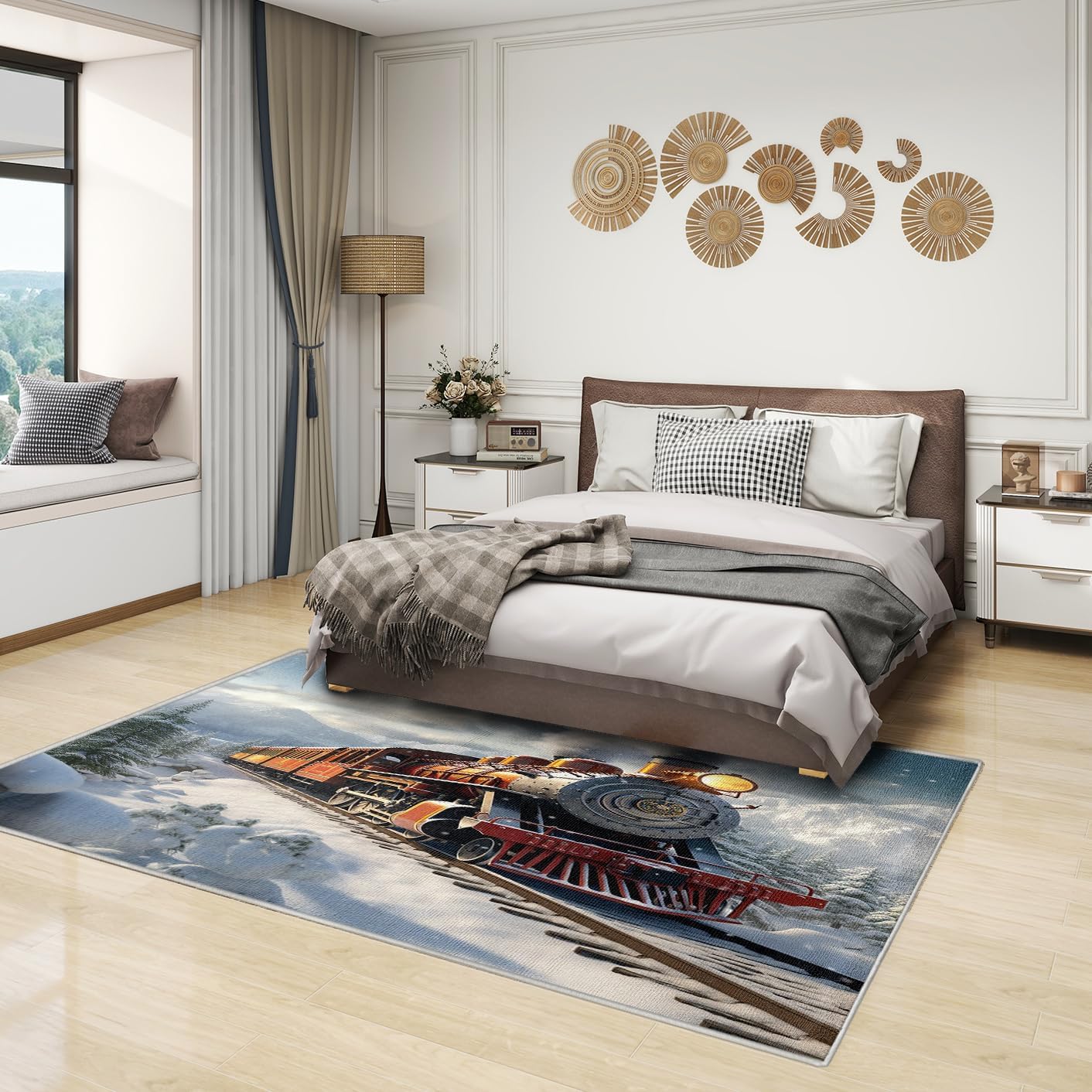 Steam Engine Rug & Home Decor - Washable Rug 4x5 - Boys Steam Train Rugs for Living Room Bedroom - Non Slip Soft Indoor Large Area Rug - Kids Vintage Train Carpet - Steam Engine Room Decor