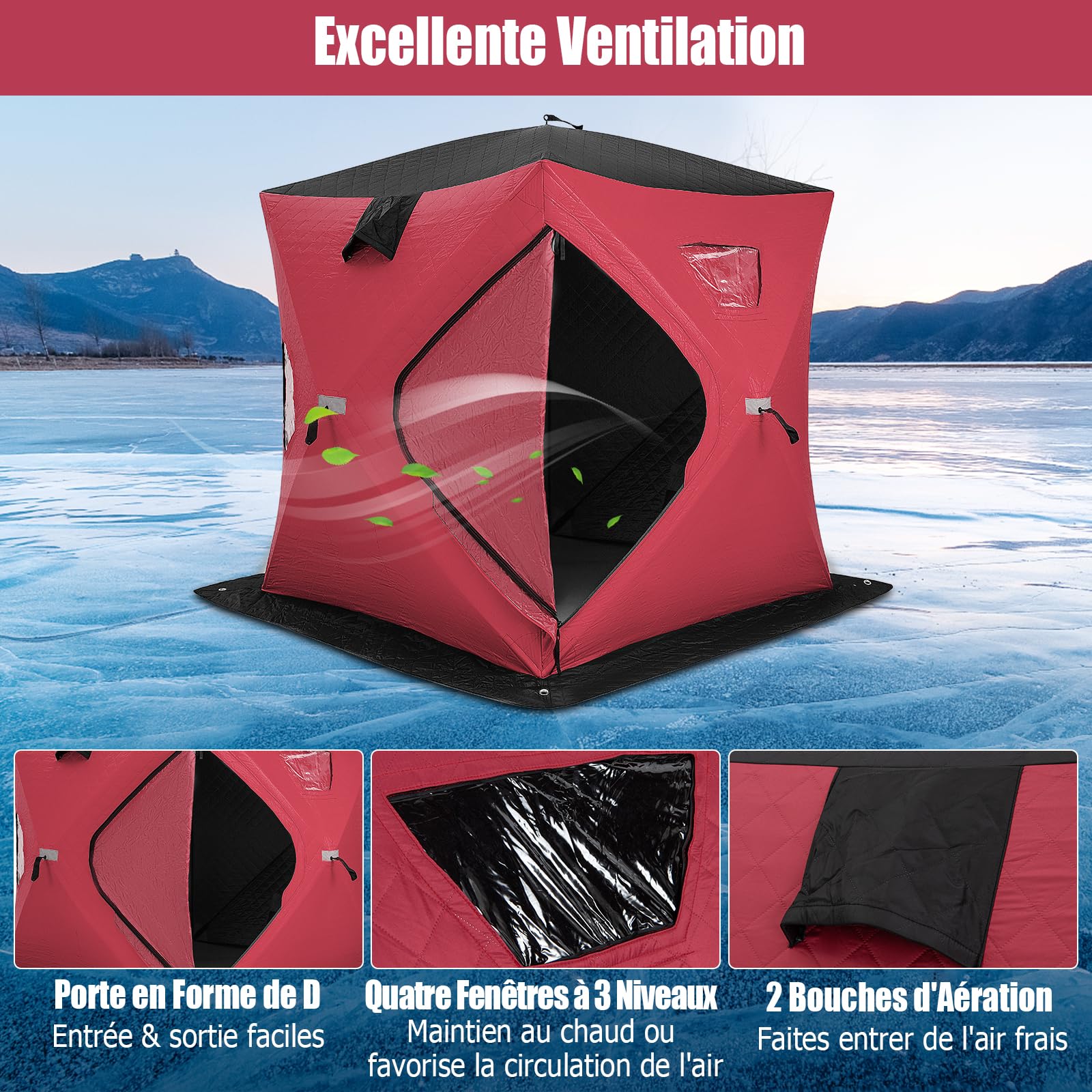 COSTWAY Tente de Pêche sur Glace Portable 2x2M, Abri de Pêche Isolé Pop-Up pour 2 Personnes avec Fenêtres Porte Zippée Aérations Sac de Transport, Cabane de Glace Imperméable d'hiver