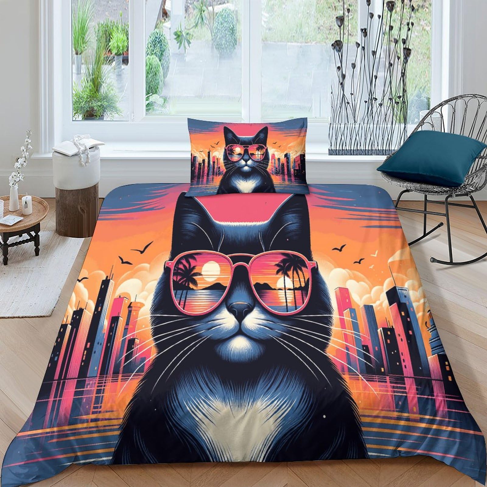 Housse de couette chat lunettes microfibre 3 pièces 135x200cm