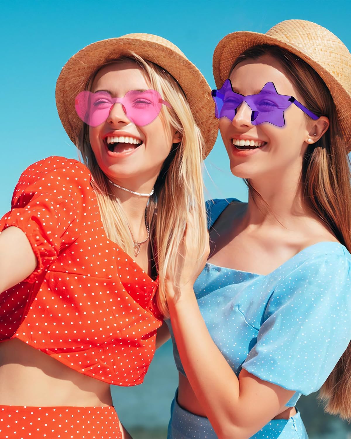 Wholesale 48 Pack Rimless Star/Heart Sunglasses Bulk Adults Unisex, Fun Colorful Star Heart Glasses Party Favors