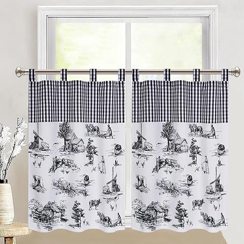FRAMICS Cortinas de cocina de granja para ventanas, cortinas de cocina a cuadros blancos y negros, cortinas de cocina de 36 pulgadas de largo,