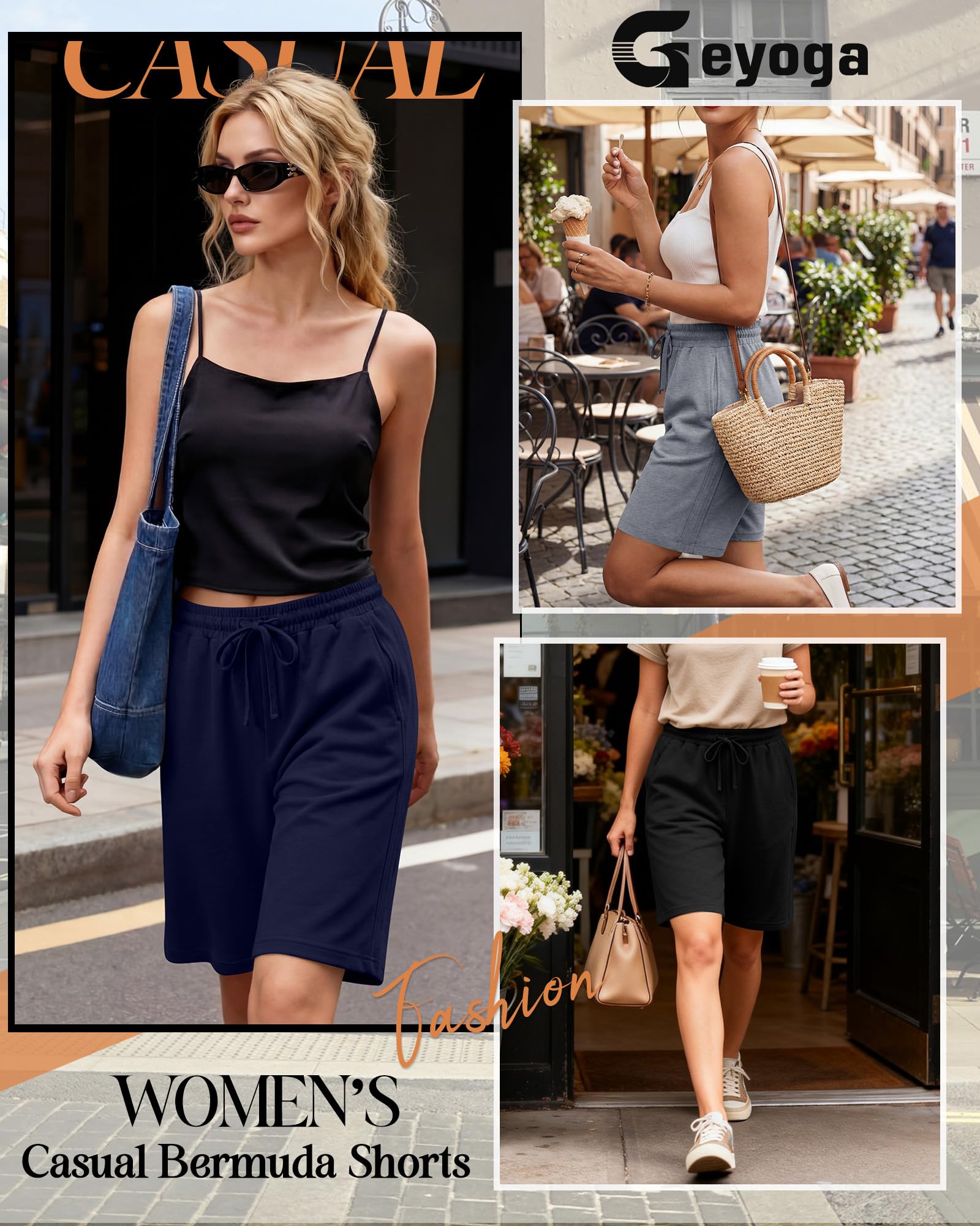Geyoga Lot de 4 Bermudas pour Femmes, Taille Élastique avec Cordon de Serrage, Jambes Larges et Jambes Longues.