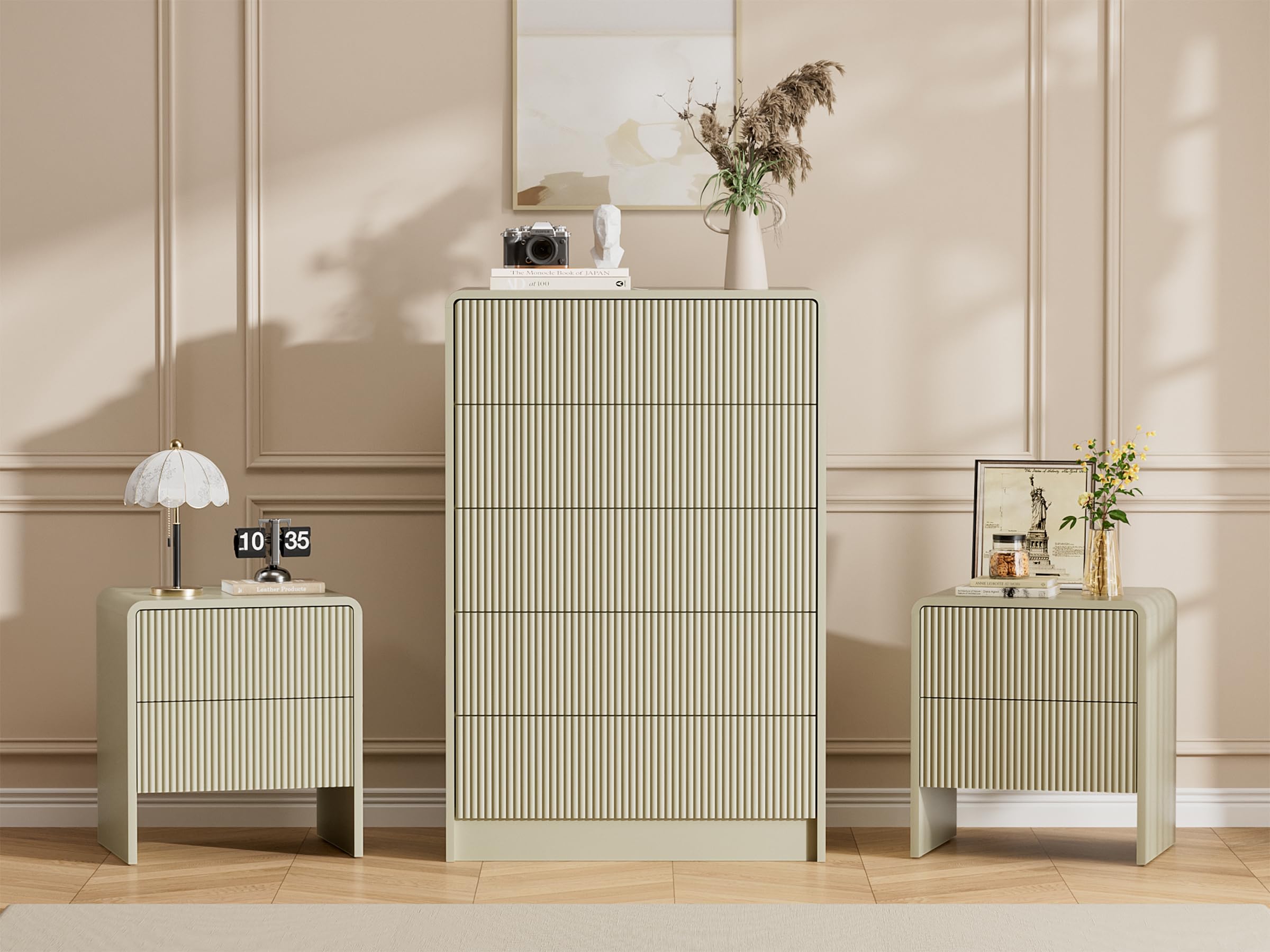 Furniway 3 Piece Bedroom Dresser Set, 5 Drawer Dresser with 2 Nightstands, Fluted Chest of Drawers with Pop-Up Design, Modern Storage Furniture for Bedroom, Living Room, Entryway, Beige