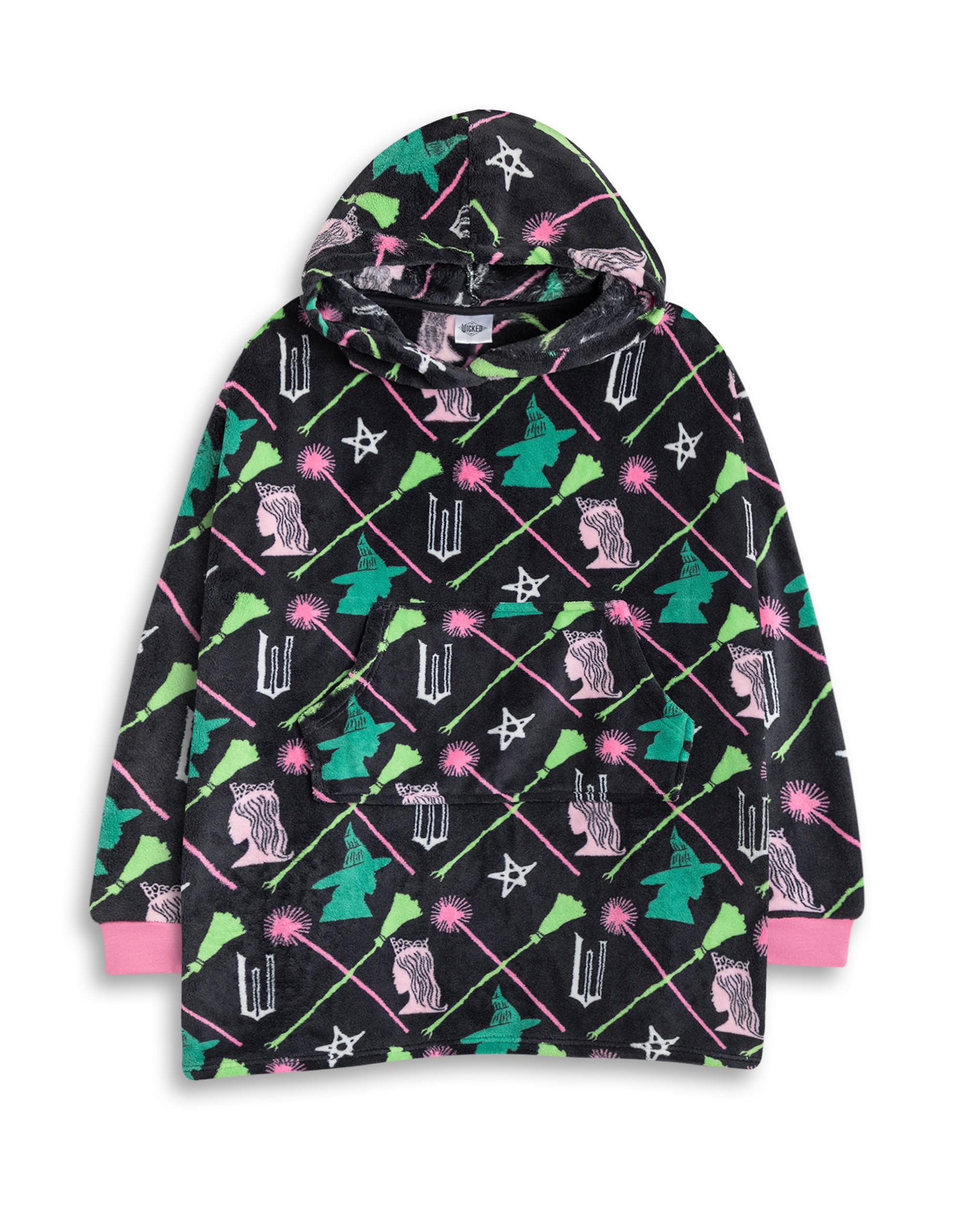 Wicked Glinda Elphaba Girls Black Green Pink Blanket Hoodie | Long Sleeve Cosy Fleece Pullover for Lounging & Casual Wear | Character Merch for Movie Fans | Kids Loungewear