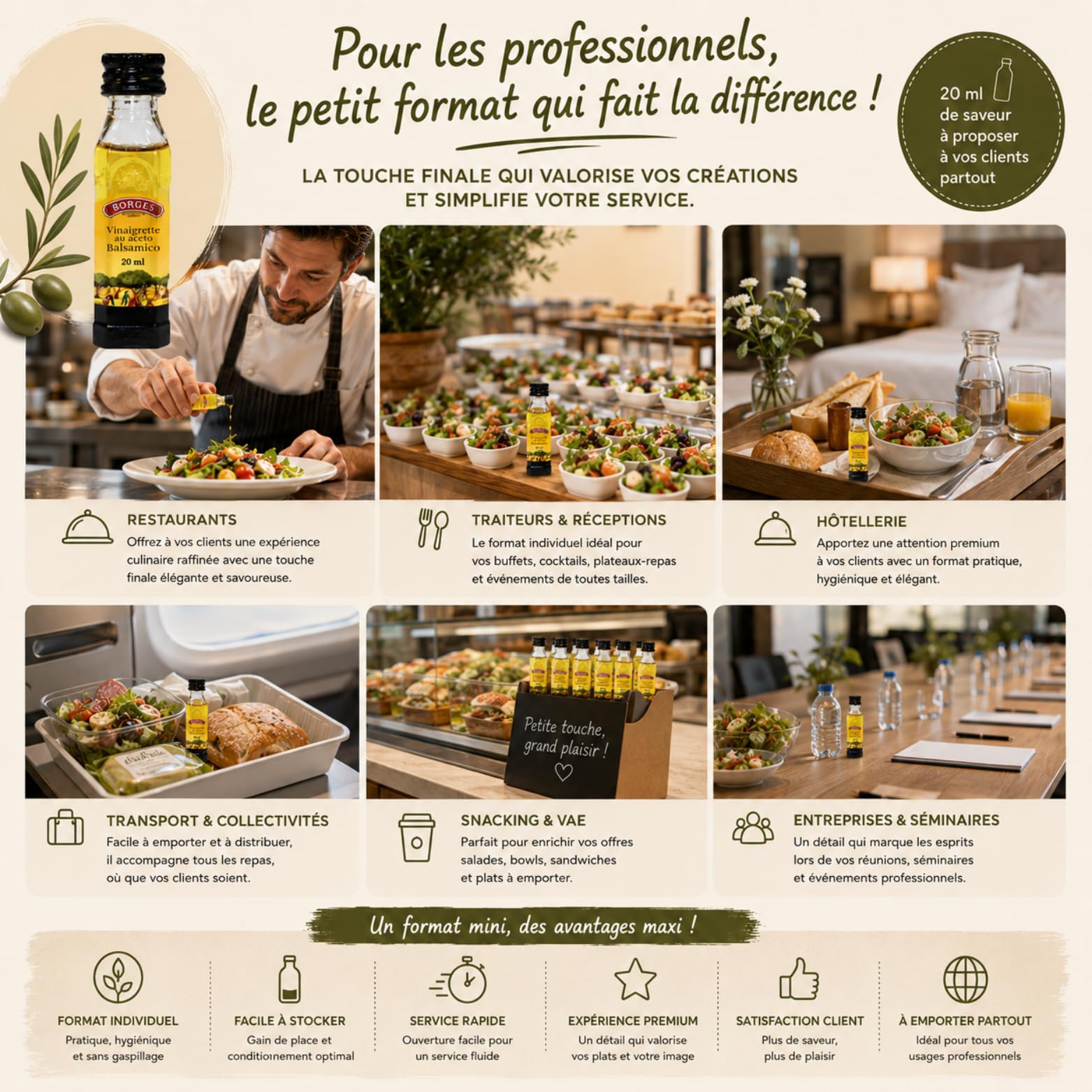 BORGES | 30 Mignonettes de vinaigrette au vinaigre balsamique | Portions Individuelles de 20 ml refermables et pratique à emporter