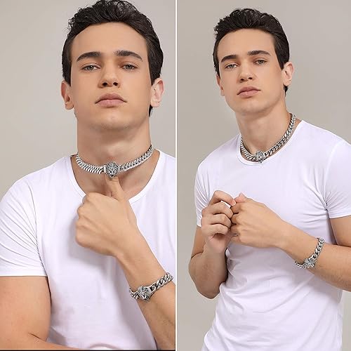 Miniatura 2 de WW Lifetime Cadena de eslabones cubanos para hombre gargantilla de león collar de plata de 180in 200in y pulsera de 85in 0551in de acero inoxidable