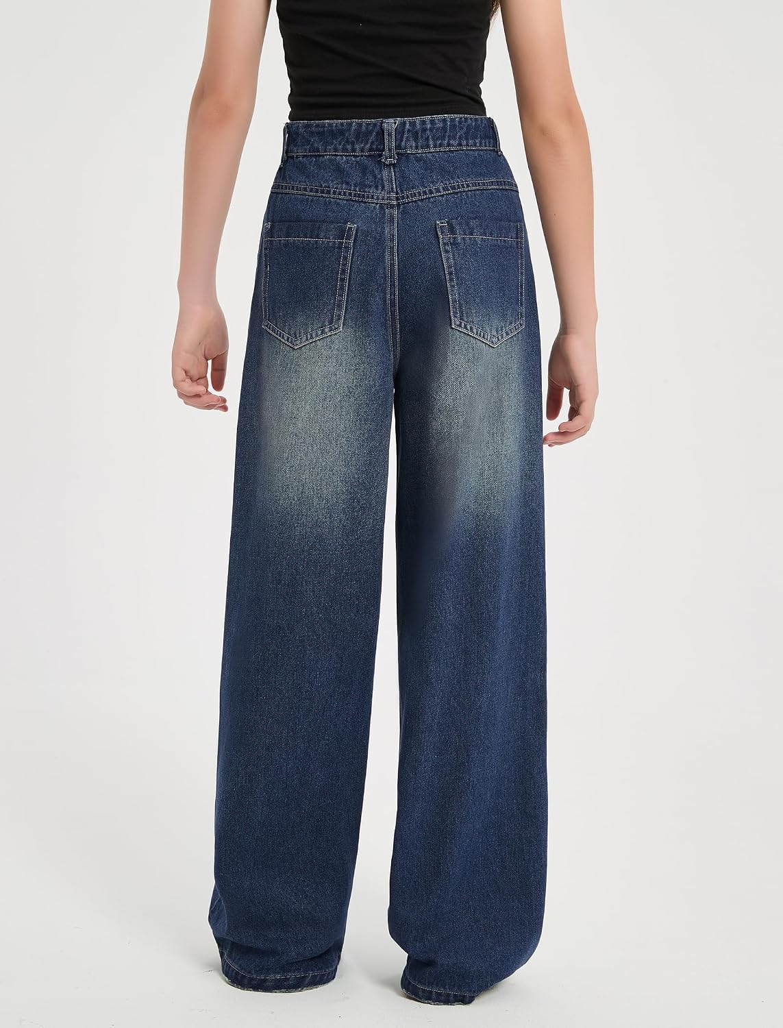 EXARUS Girls Wide Leg Jeans Baggy Ripped/Bow/Floral Teen Denim Pants Mid Rise Elastic Band Pockets Casual Cute 8-14Y