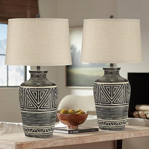 John Timberland Miguel 32" Tall Jar Large Southwest Rustic Western End Table Lamps Set of 2 Black Earth Tone Finish Linen Shade Living Room Bedroom Bedside Nightstand House Office Home Kitchen