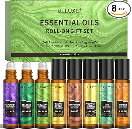 Essential Oils Roll On Set (8 Pack) 8 Scent, Essential Oil with Roller Ball, Natural Aromatherapy Oil for Skin, Stress Comfort, Calming, Relaxation Self Care Gift Set for Women and Men