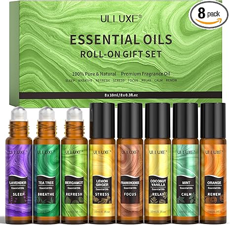 Essential Oils Roll On Set (8 Pack) 8 Scent, Essential Oil with Roller Ball, Natural Aromatherapy Oil for Skin, Stress Comfort, Calming, Relaxation Self Care Gift Set for Women and Men