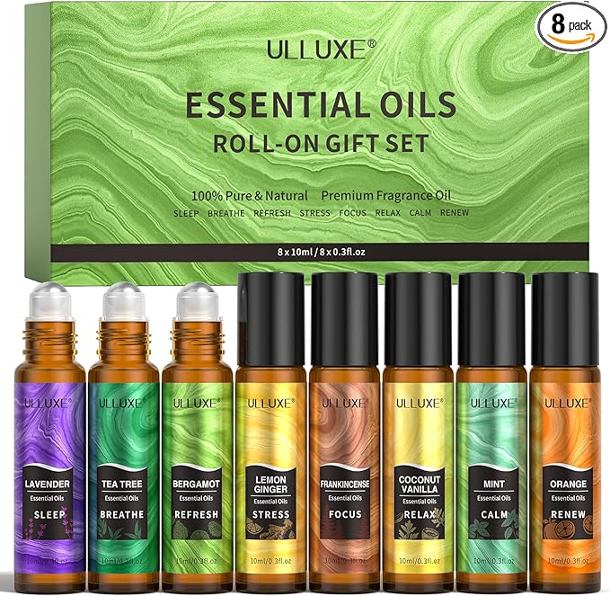Essential Oils Roll On Set (8 Pack) 8 Scent, Essential Oil with Roller Ball, Natural Aromatherapy Oil for Skin, Stress Comfort, Calming, Relaxation Self Care Gift Set for Women and Men