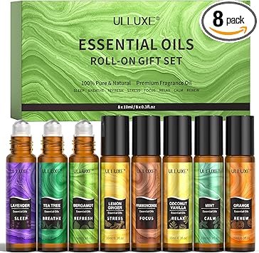 Essential Oils Roll On Set (8 Pack) 8 Scent, Essential Oil with Roller Ball, Natural Aromatherapy Oil for Skin, Stress Comfort, Calming, Relaxation Self Care Gift Set for Women and Men