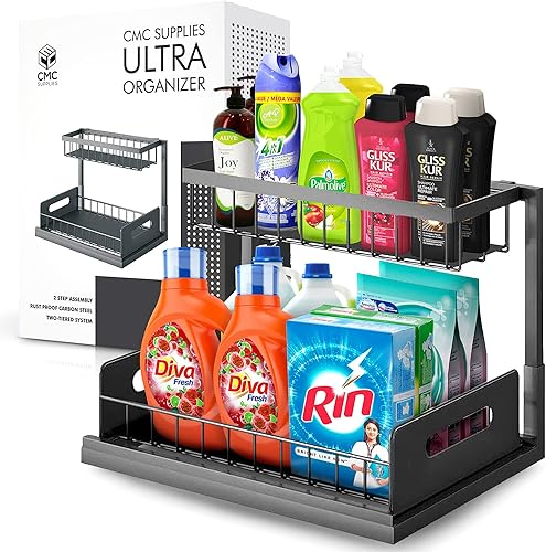 Organizadores y almacenamiento debajo del fregadero con 2 niveles deslizables y extraíbles, multiusos para debajo del fregadero del baño,