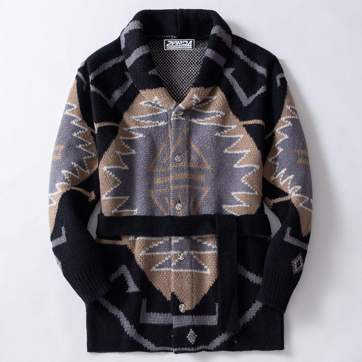 Men's Southwestern Aztec Geometric Pattern Cardigan Sweater, Khaki Black Tan, Long Sleeve Knit Jacket with Belt, Retro Style - Image 2
