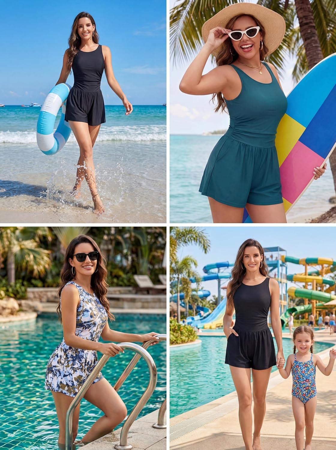 Smismivo Swim Romper with Shorts and Pocket High Neck Tummy Control One Piece Swimsuit Women Modest Bathing Suit