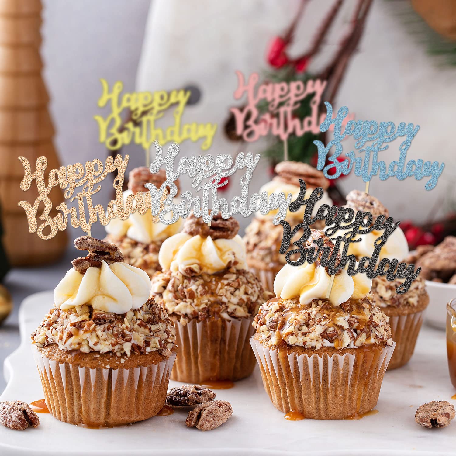 Confezione da 24 topper per cupcake di buon compleanno, glitter, per compleanni, cupcake, decorazioni per torte e decorazioni color argento