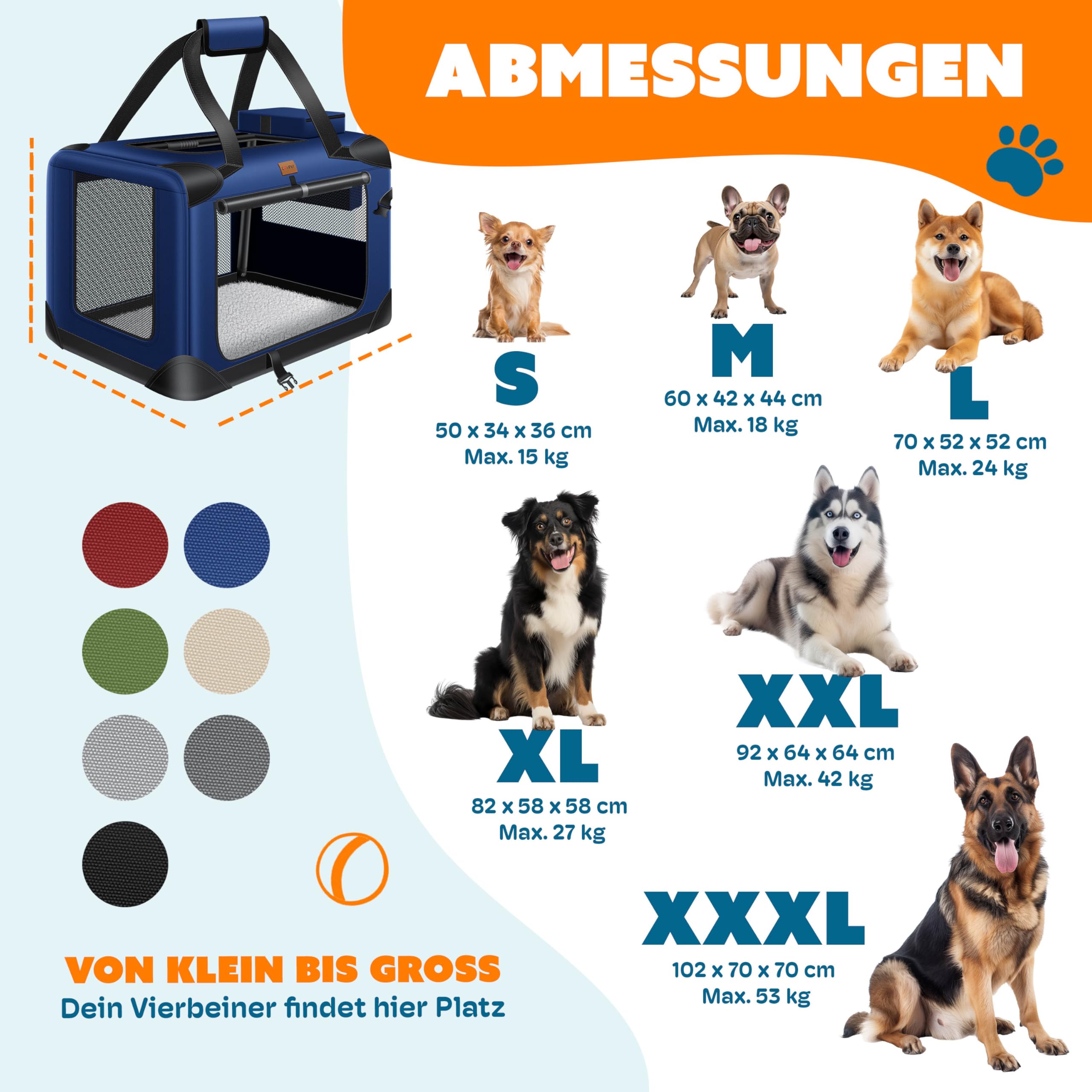 LOVPET® Trasportino per Cani - Box per Cani Pieghevole incl. Borsa per Il Trasporto e Ciotola - Cani e Gatti - casetta per Il Trasporto di Animali Domestici, Blu marino, XXXL
