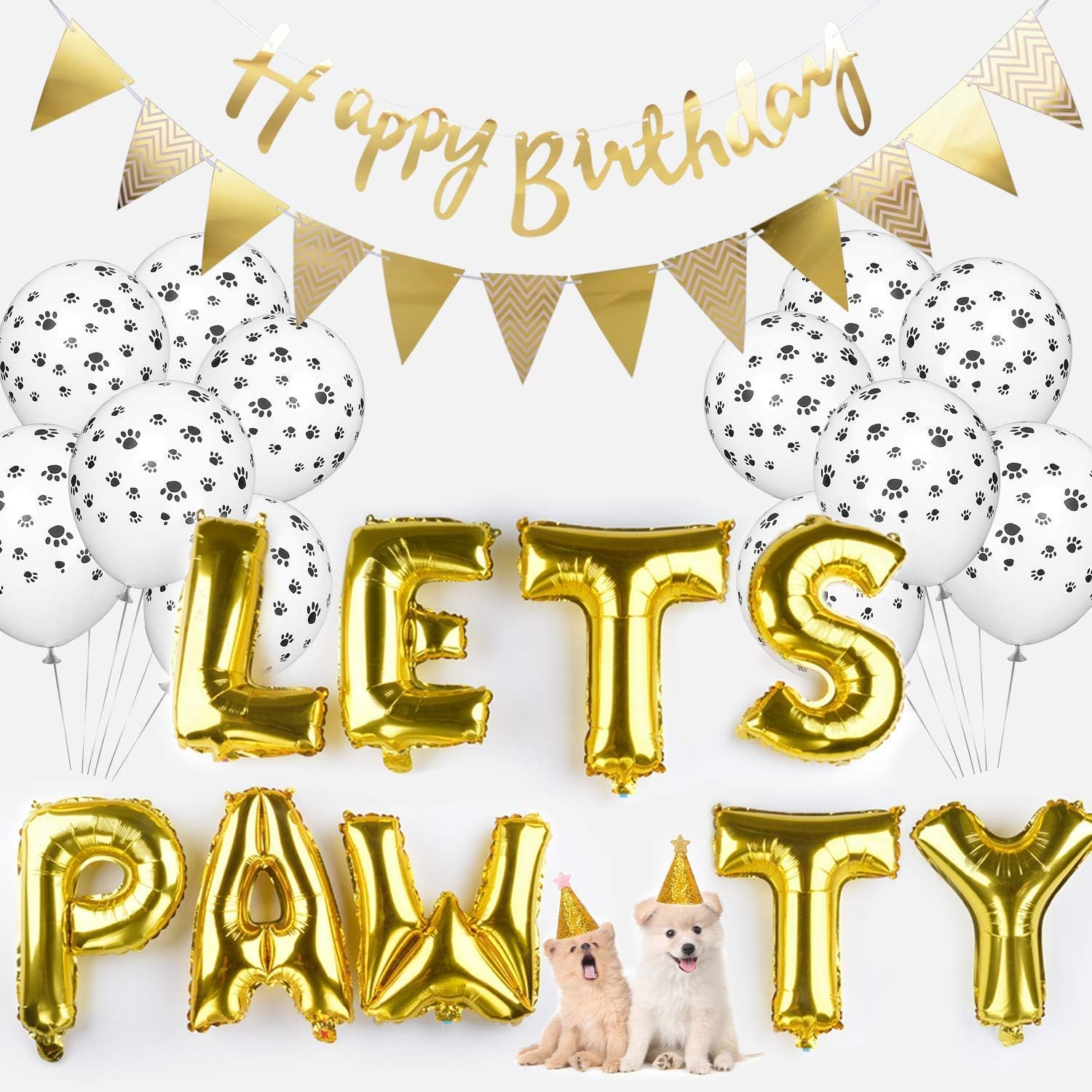 Mumoo Bear Dog Birthday Party Supplies Dog Paw Print Balloons Cat Birthday Hat Lets Pawty Letters Balloons Decorations, Gold