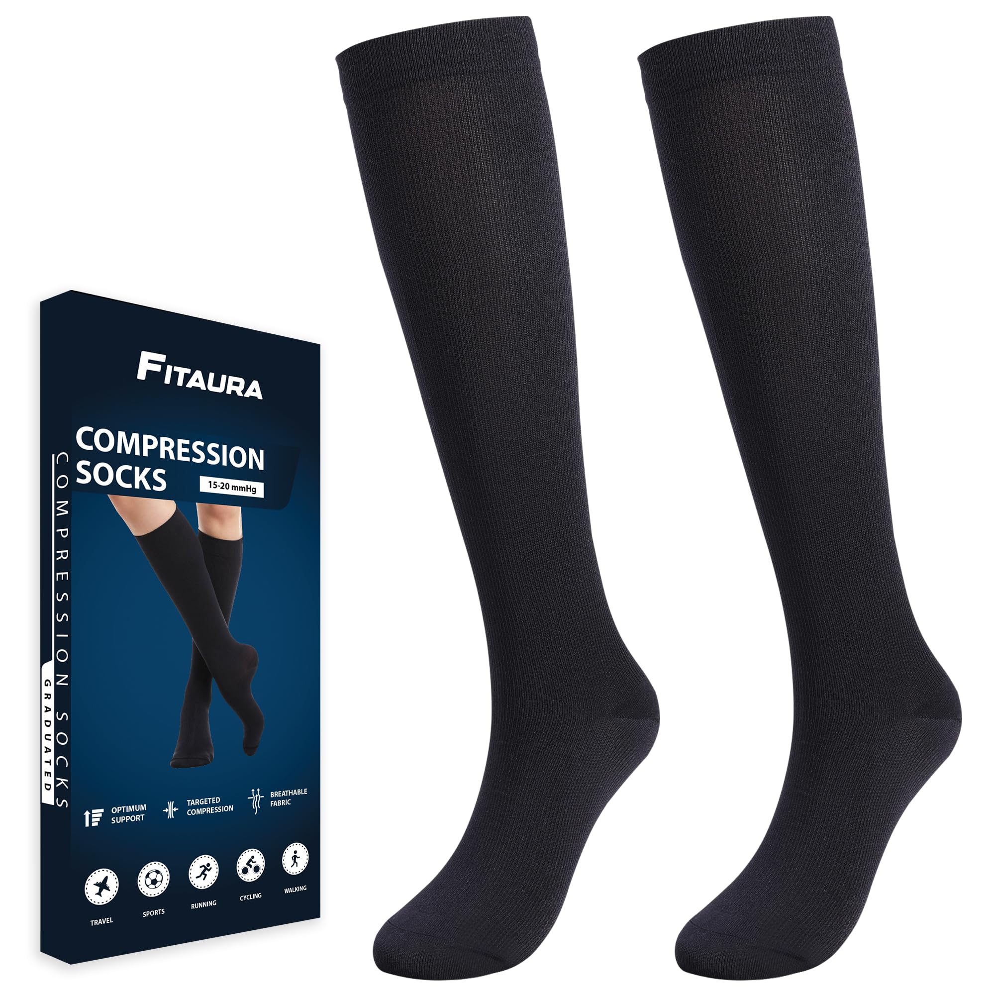 FITAURA Compression Socks for Men & Women | 15-20mmHg Support Stockings for Flight, Travel, Sports, Running | Graduated Compression for Calf & Ankle Circulation | 1 Pair L/XL Black