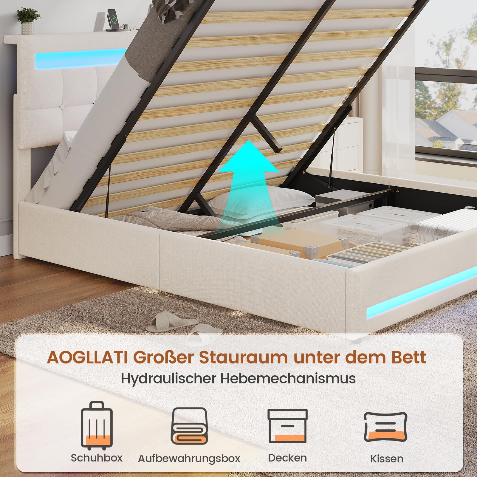 AOGLLATI Polsterbett 140 x 200 mit LED Beleuchtung und Ladestation, Bettgestell mit Höhenverstellbares Kopfteil und Stauraum, Hydraulisches Bett 140 x 200 cm,Lattenrost, Linen,Ohne Matratze,Beige