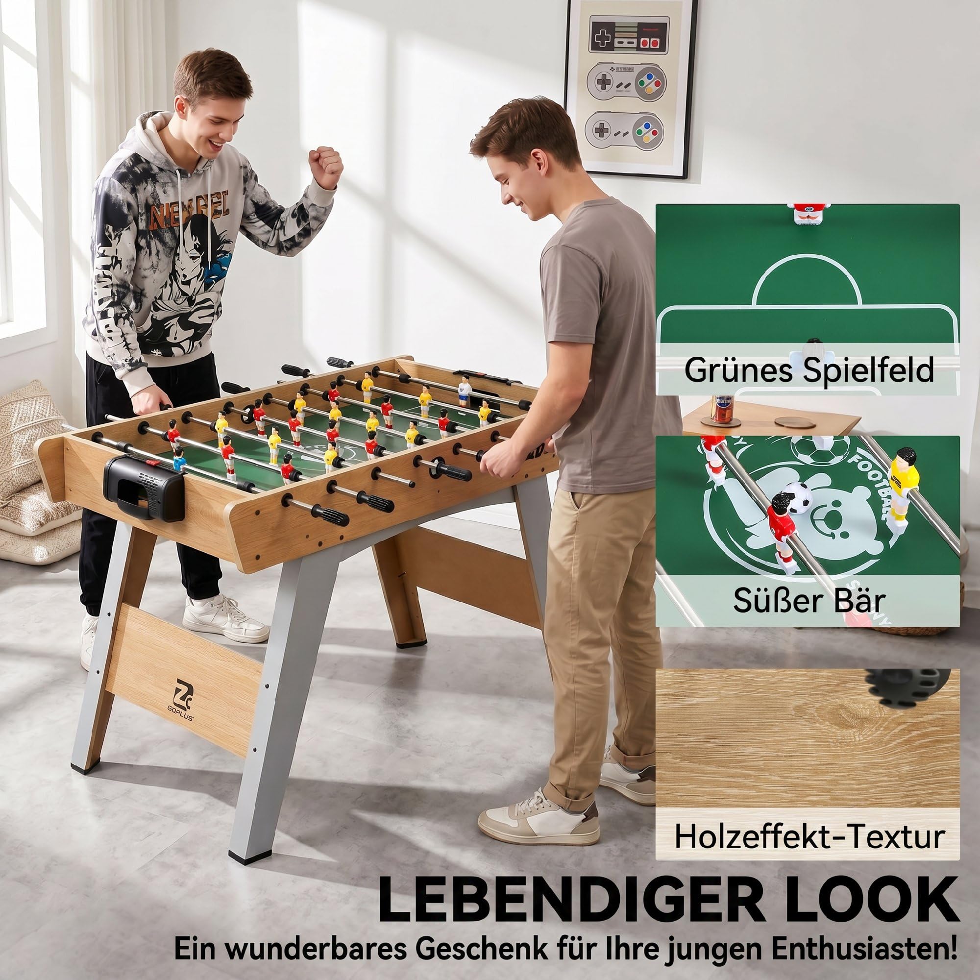 SPORTNOW Tischkicker inkl 22 Kicker 2 Bälle Griffe 121x87x77cm Naturholz | Rutschfest, Punktezähler, Schräge Beine, Kickertisch, Spieltisch für Kinder & Erwachsene, Tischfußball