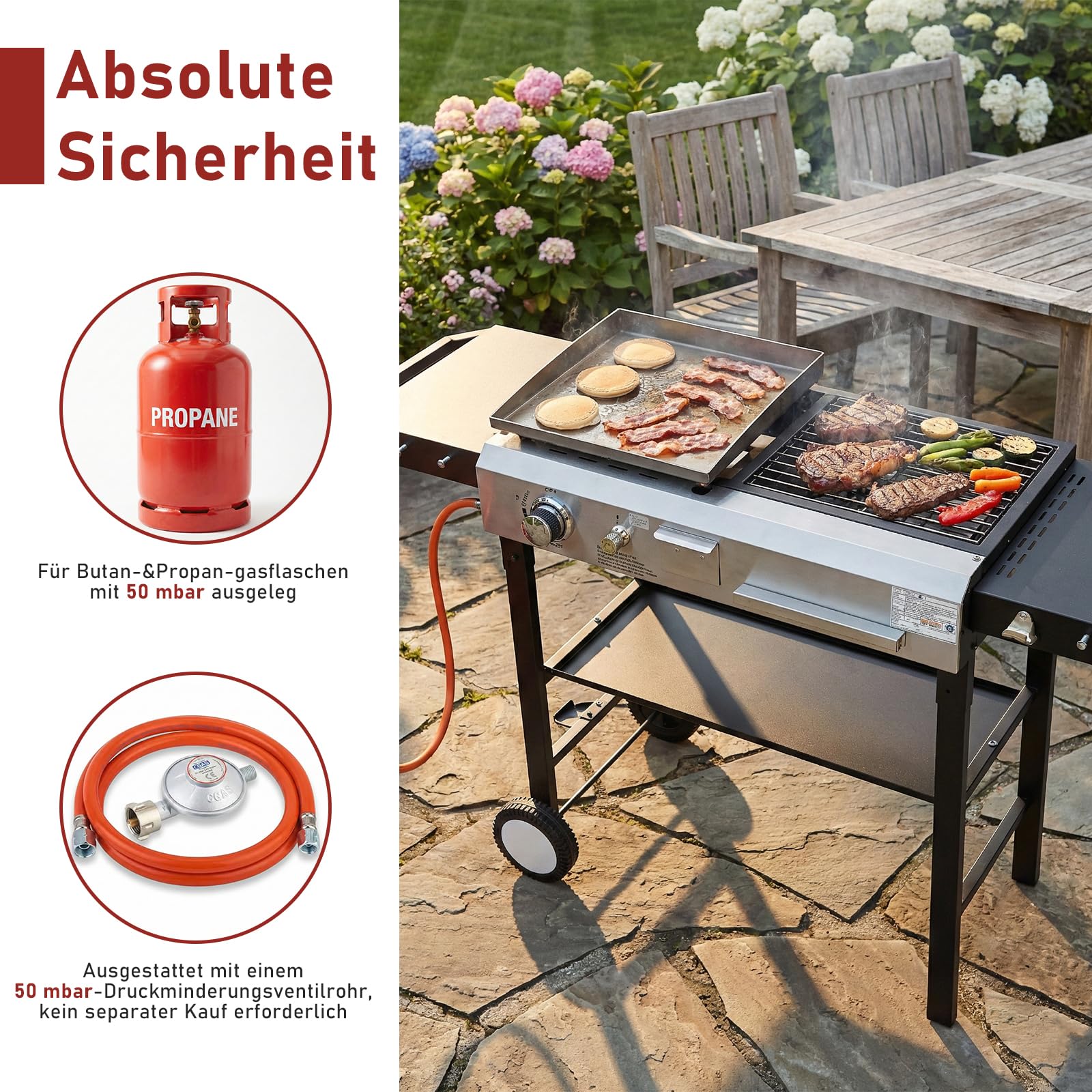 LEADZM Gasgrill 2-in-1 Gas- & Holzkohlegrill 4.5 kW - Ausgestattet mit einem 50-Mbar-Druckminderventil, Geeignet für Familienfeiern und Picknicks im Freien