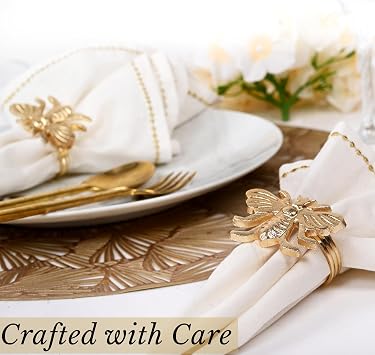 Alpha Living HOMEAntique Gold Metal Napkin Rings - Set of 12 Elegant Bee Table Holders - Ideal Decor for Weddings, Family Gatherings, Formal Dinners, Banquets & Everyday Dining