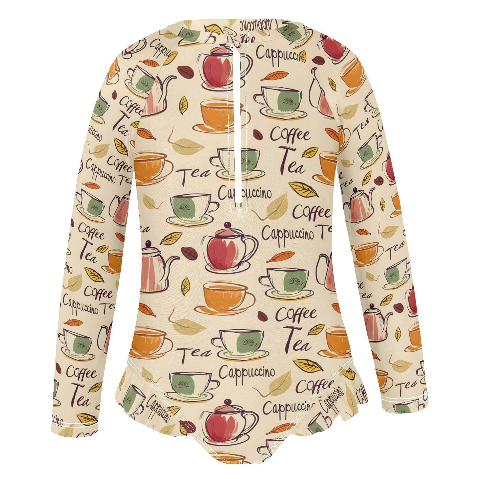 ALAZA Swimsuit for Girls Long Sleeve Rashguard Bathing Suit Coffee Tea Cappuccino Quick Dry 4T