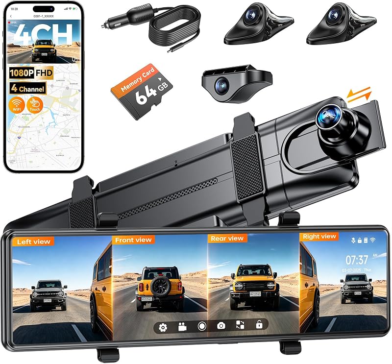 Cámara de salpicadero con espejo de 4 canales, cámara de espejo retrovisor de 12 pulgadas, cámara de salpicadero delantera trasera izquierda derecha 1080P para auto, cámara de espejo retrovisor inteligente WiFi con tarjeta de 64 GB, visión nocturna, monitor de estacionamiento 24 horas, sensor G