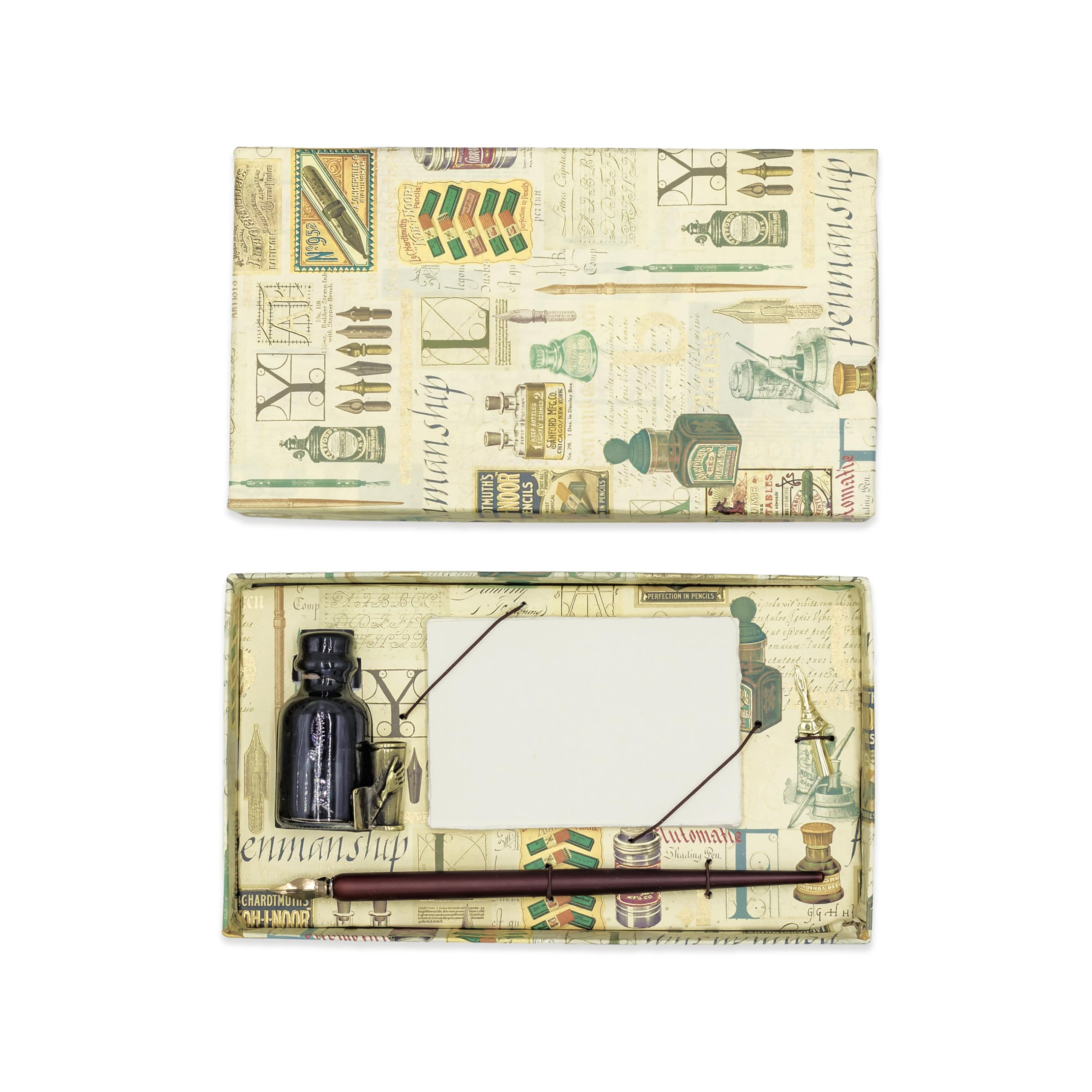 Magicamente Carta – Set Scrittura con Canotto in Legno e Pennino, Inchiostro e 10 Cartoncini, Scatola Regalo Fasciata con Carta Decorativa, Idea Regalo per Natale, Made in Italy