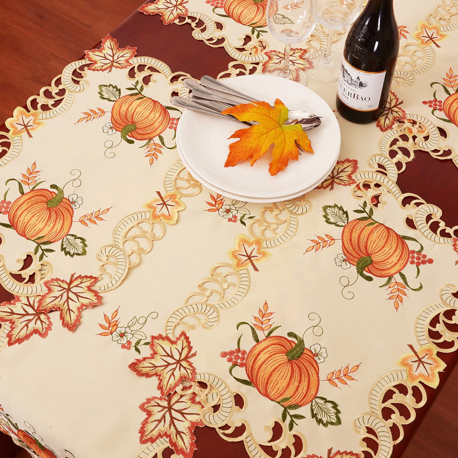 Simhomsen Embroidered Pumpkin Table Runner – Orange Fall & Thanksgiving Decor (14x120 Inches) | Polyester With Cut-Out Edges