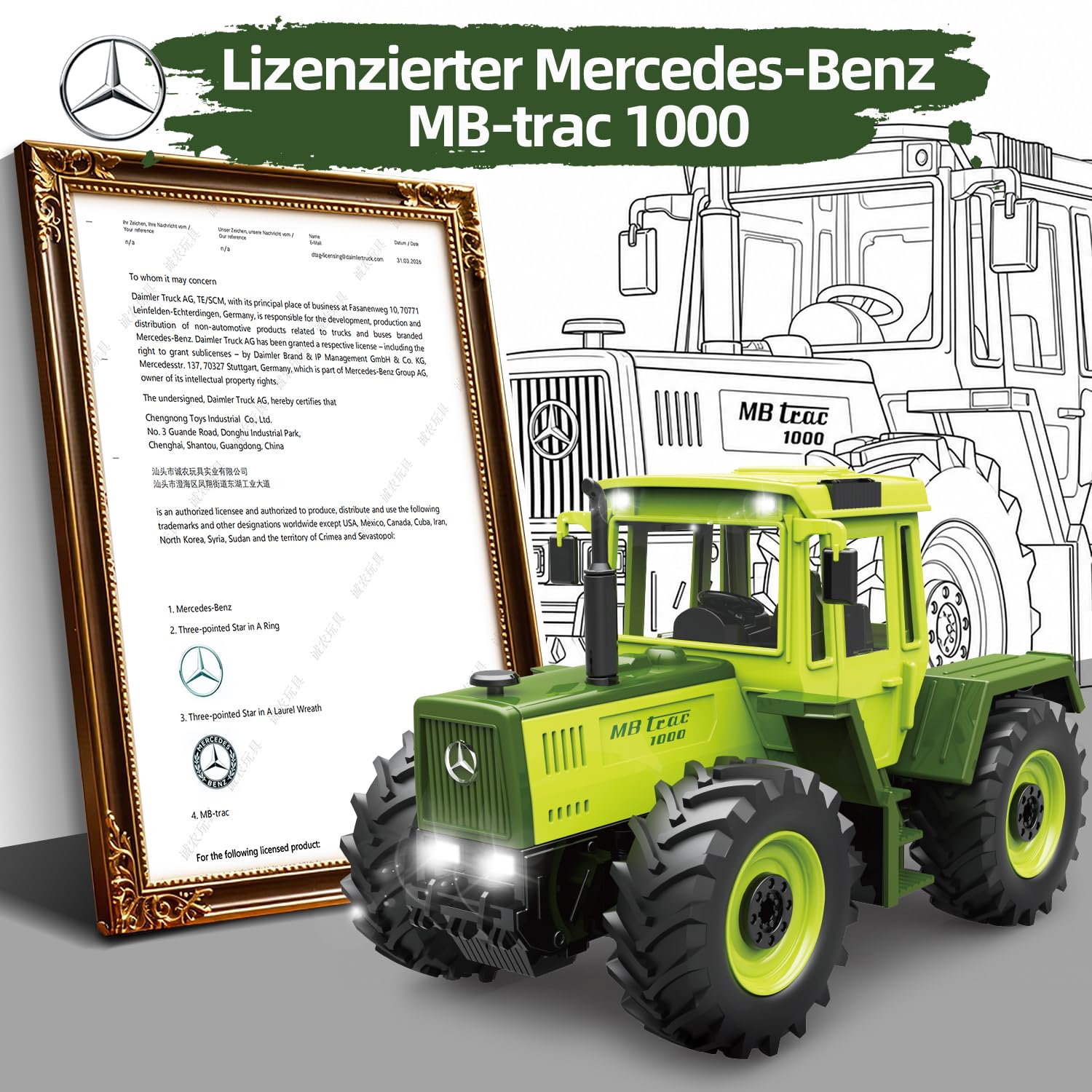 Zdalnie sterowany traktor z przyczepą zabawka Mercedes-Benz MB-trac 1000 | Zabawka traktor zdalnie sterowany, traktor z przyczepą, zabawka rolna, prezent dla dzieci chłopców od 3 4 5 6 8 lat
