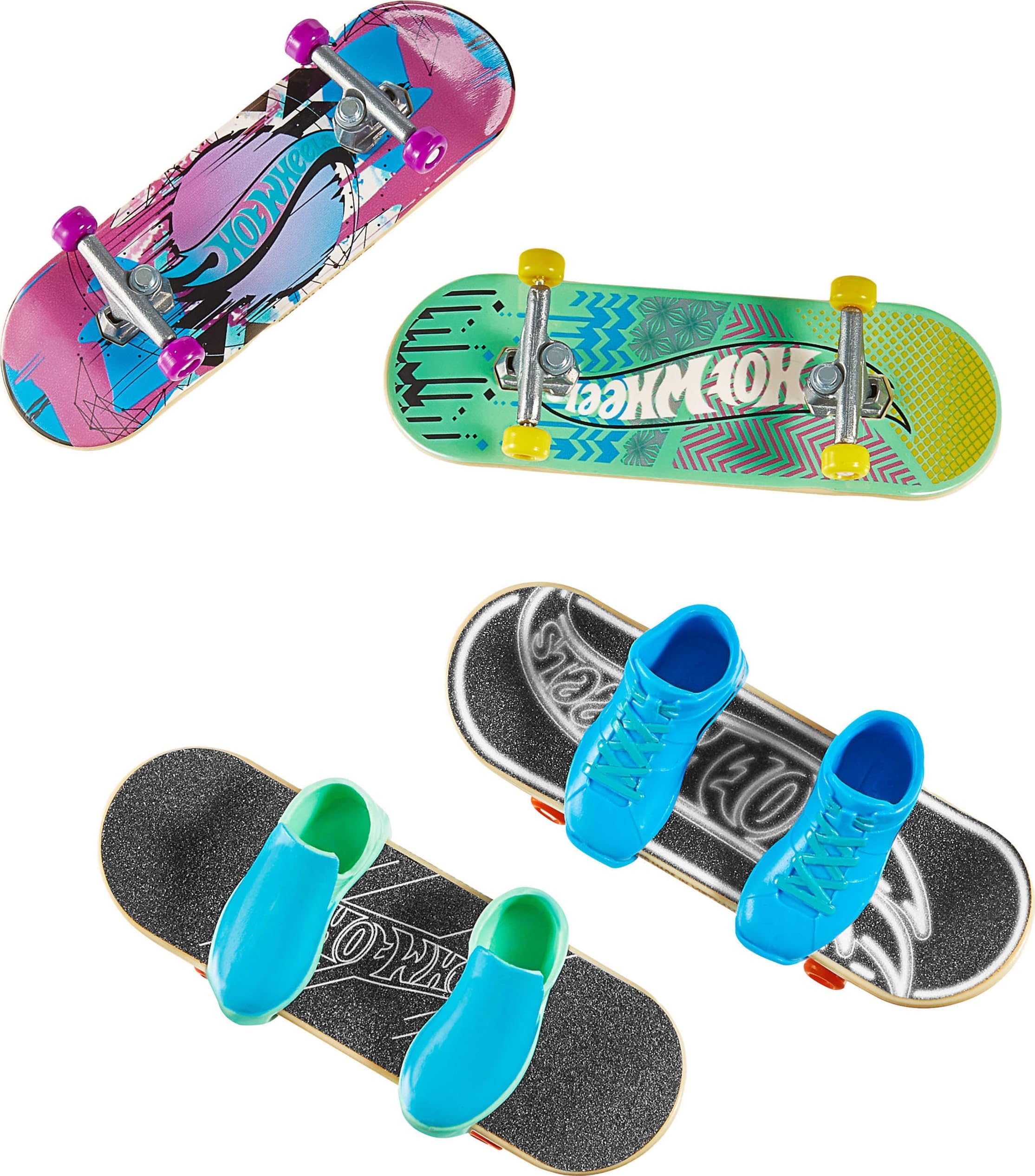 Hot Wheels Skate Tony Hawk Fingerboard & Removable Skate Shoes Multipack, 4 Fully Assembled Boards, 2 Pairs of Skate Shoes, 1 Exclusive Set (Styles May Vary)